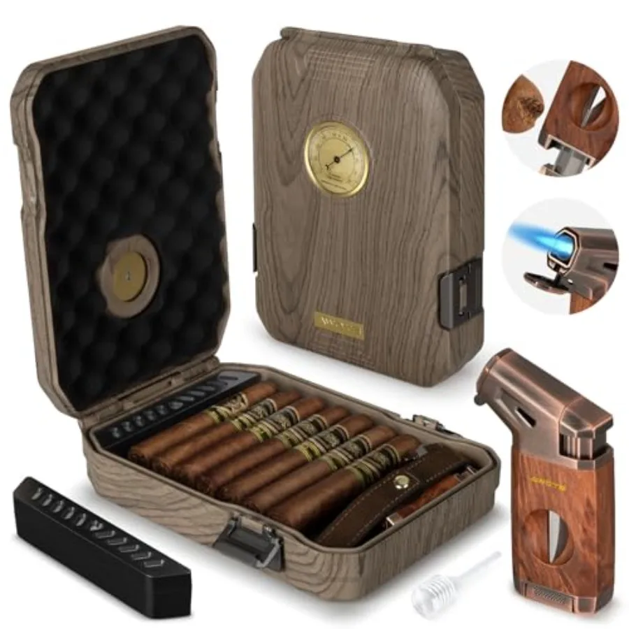 

Travel Cigar Humidor Case - Cedar Lined, V Cut Cutter, Portable Humidor with Humidifier Hygrometer, Holds 7-9 Cigars, Includes