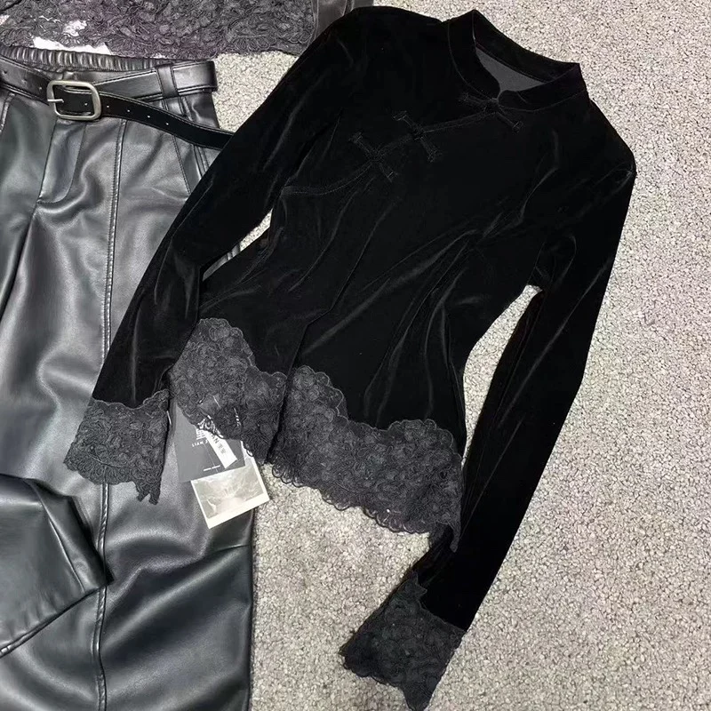 T-shirt Ele Velvet da donna Primavera 2026 Lungo Sve Colletto alla coreana Patchwork in pizzo Orlo retrò Fine Top Pendolarismo Sle Corea...