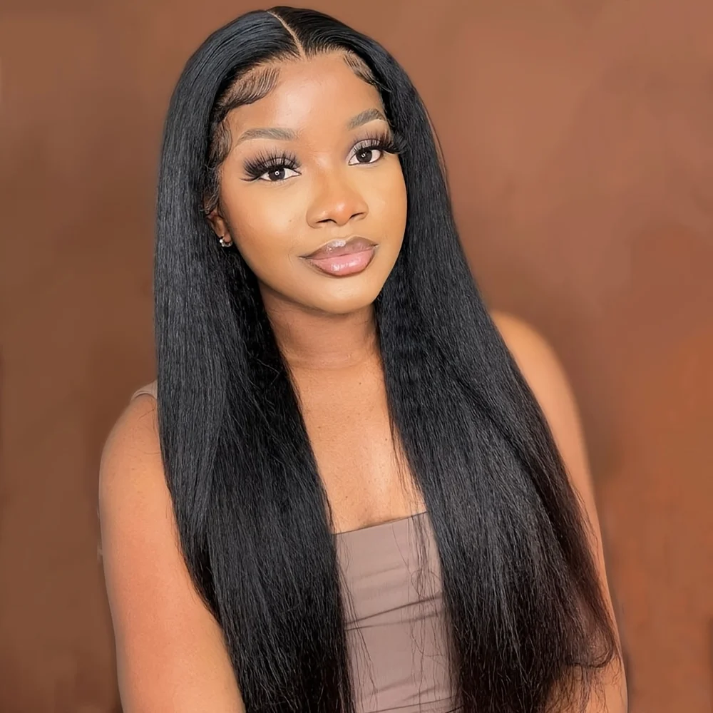 

250% Density 5x5 Transparent Yaki Human Hair Wig for Women, Unprocessed Natural Look 13x4 4x4 Lace Front Kinky Straight Wig