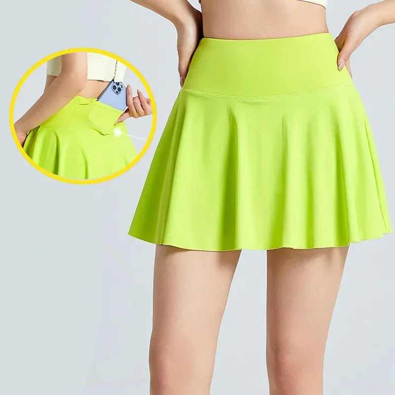 High Waist Pocket Yoga Skirts Women Summer Anti-Shine Quick Drying Running Fitness Shorts Skirt Woman Casual Thin Pleated Skirts