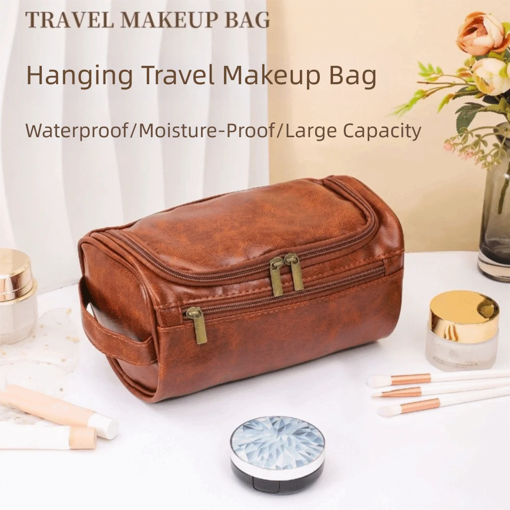 

Retro PU Leather Men Toiletry Bag Waterproof With Handle Cosmetic Storage Bag Handheld Large Capacity Handbag Business