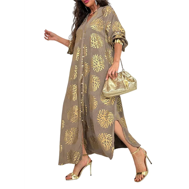 【SEE】Vestido bohemio con estampado floral para mujer, vestido largo de manga corta con escote en V profundo y abertura lateral, vestidos largos fluidos de corte A