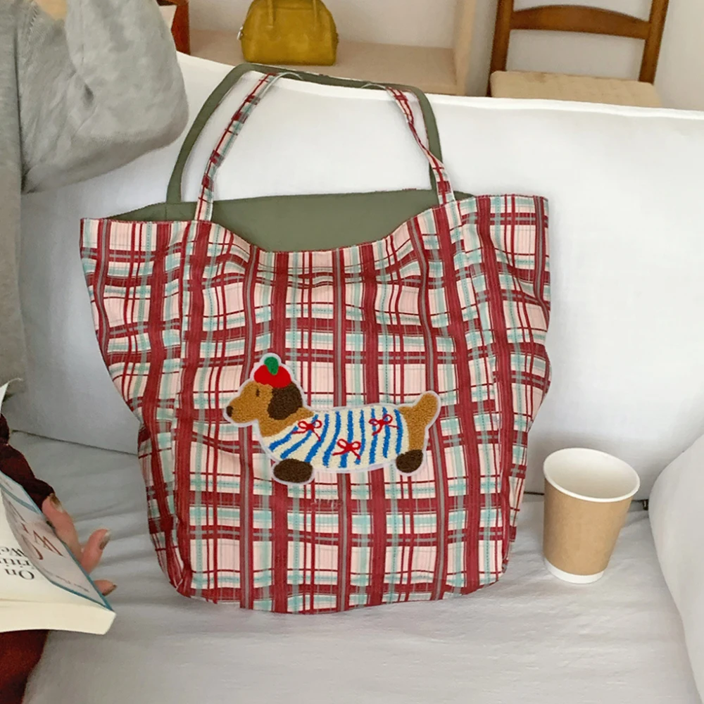 Retro Plaid Women'S Tote Shoulder Bag Ladies Large Capacity Cute Dog Shopping Bags Casual Double-Sided Female Corduroy Handbags