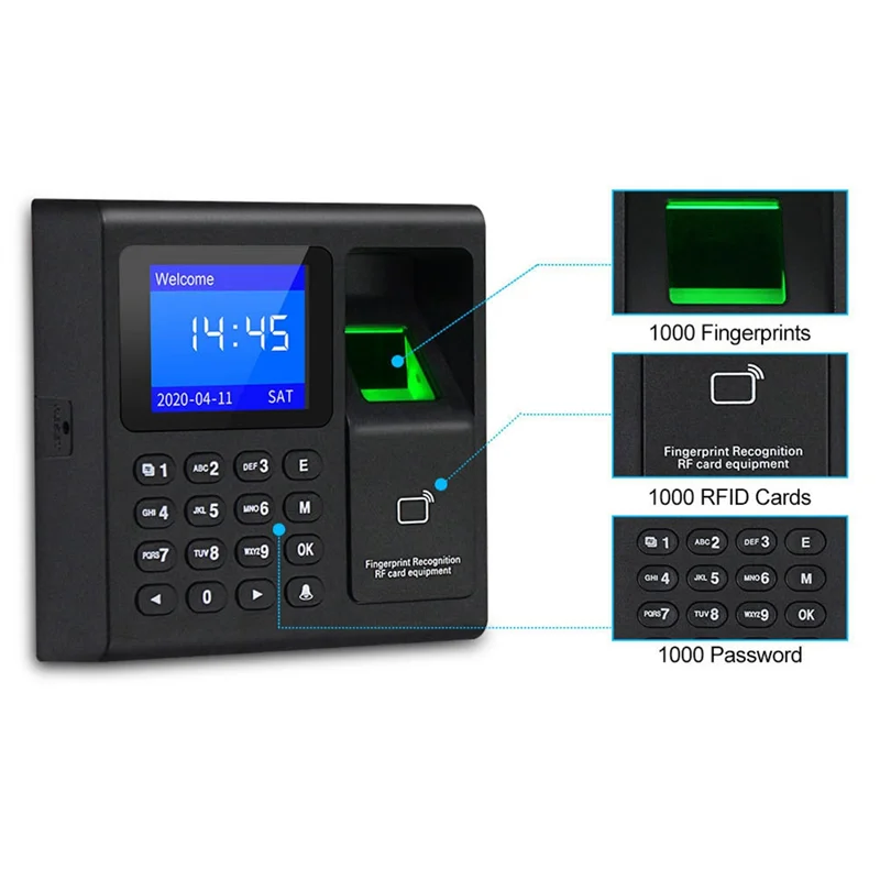 Máquina de asistencia con huellas dactilares + 10 tarjetas, Control de acceso, grabadora de reloj de tiempo eléctrico, gestión de datos USB, grabadora de reloj de tiempo