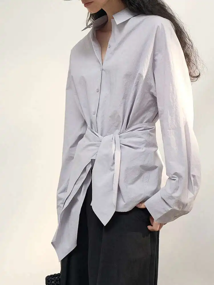 KWTX Fashion Designer Bandage Gathered Waist Shirts For Women Lapel Single Breasted Fit Female Blouses Fashion Tops 2025 New