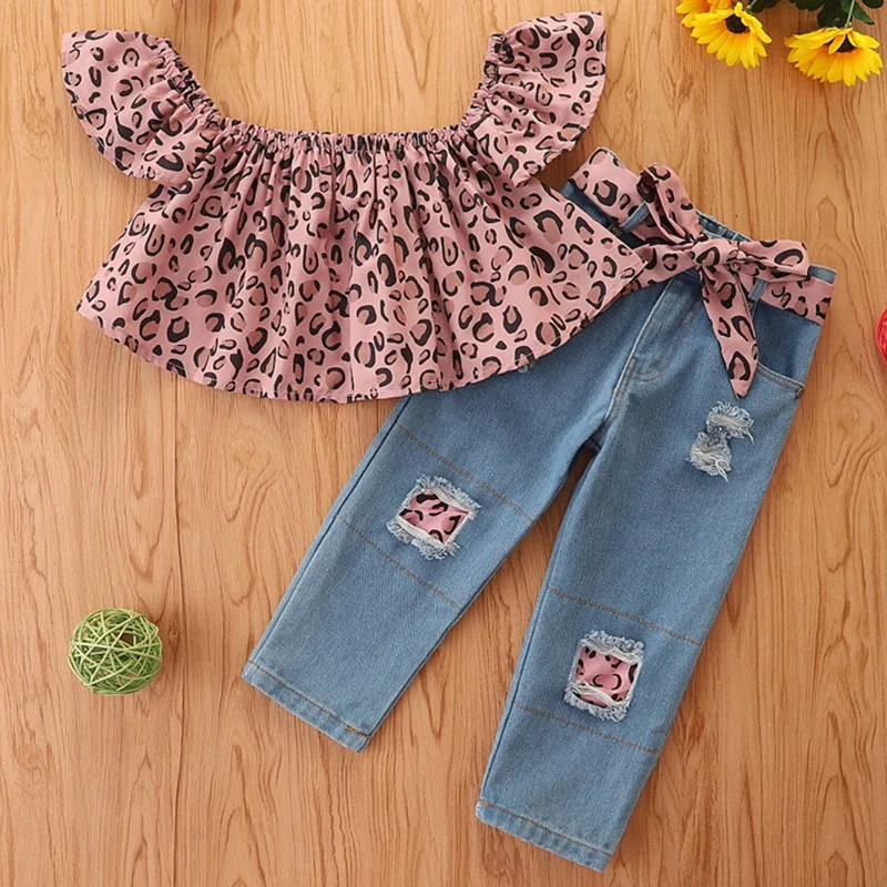 

2Piece Sets 2025 Spring Autumn Baby Girl Clothes Korean Fashion Print Sleeveless Cotton Tops+Jeans Boutique Kids Clothing B210