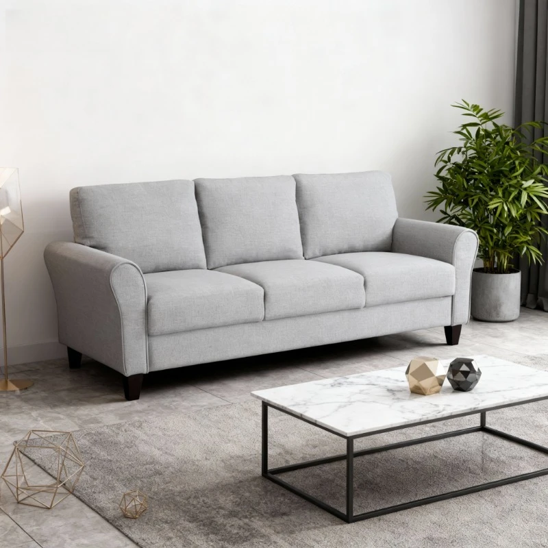 

Sofas Modern Sofa Dark Gray Textured Fabric Upholstered Rounded Arms Attached Cushions Transitional Living Room Furniture