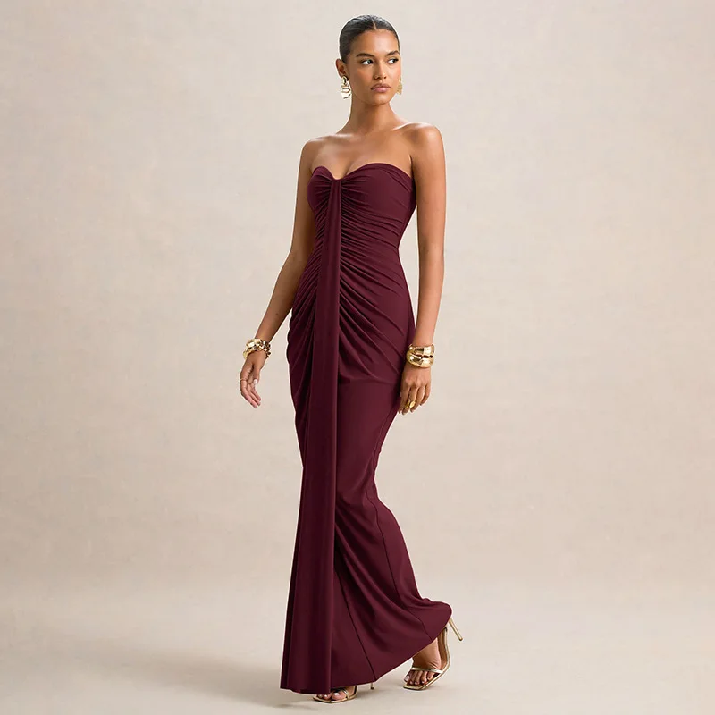 STIJLVOLLE DAME Party Maxi Jurk 2023 Herfst Vrouwen Strapless Backless Bodycon Gedrapeerde Sexy Club Lange Solid Vestidos De Festa