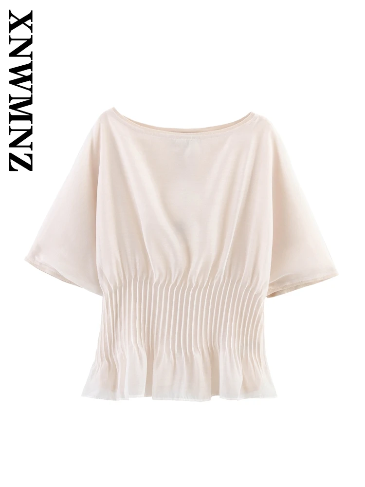 

XNWMNZ 2025 Summer New Lady Edgy O-Collar T-shirt Pullover Commuting Woman Short Sleeve Top Ruffles Regular Fit Blouses Splicing