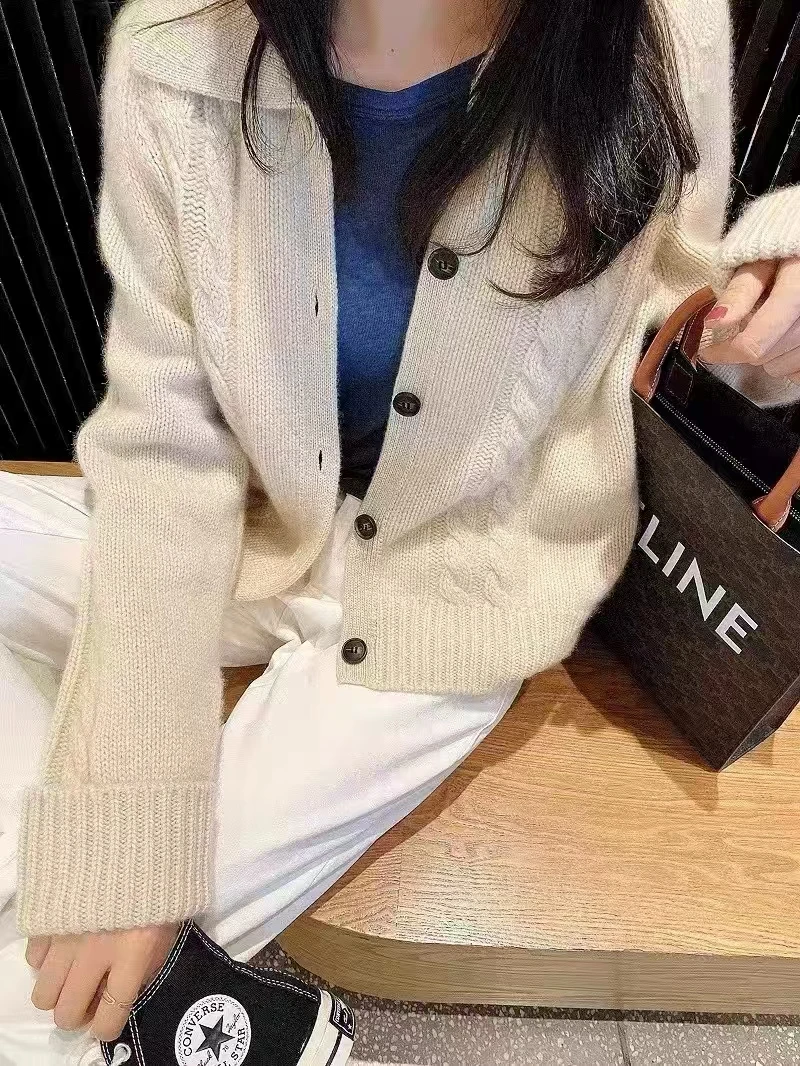 Autumn and winter 100% pure cashmere women\'s cardigan thick knit Polo lapel knit cardigan women\'s V-neck loose sweater coat