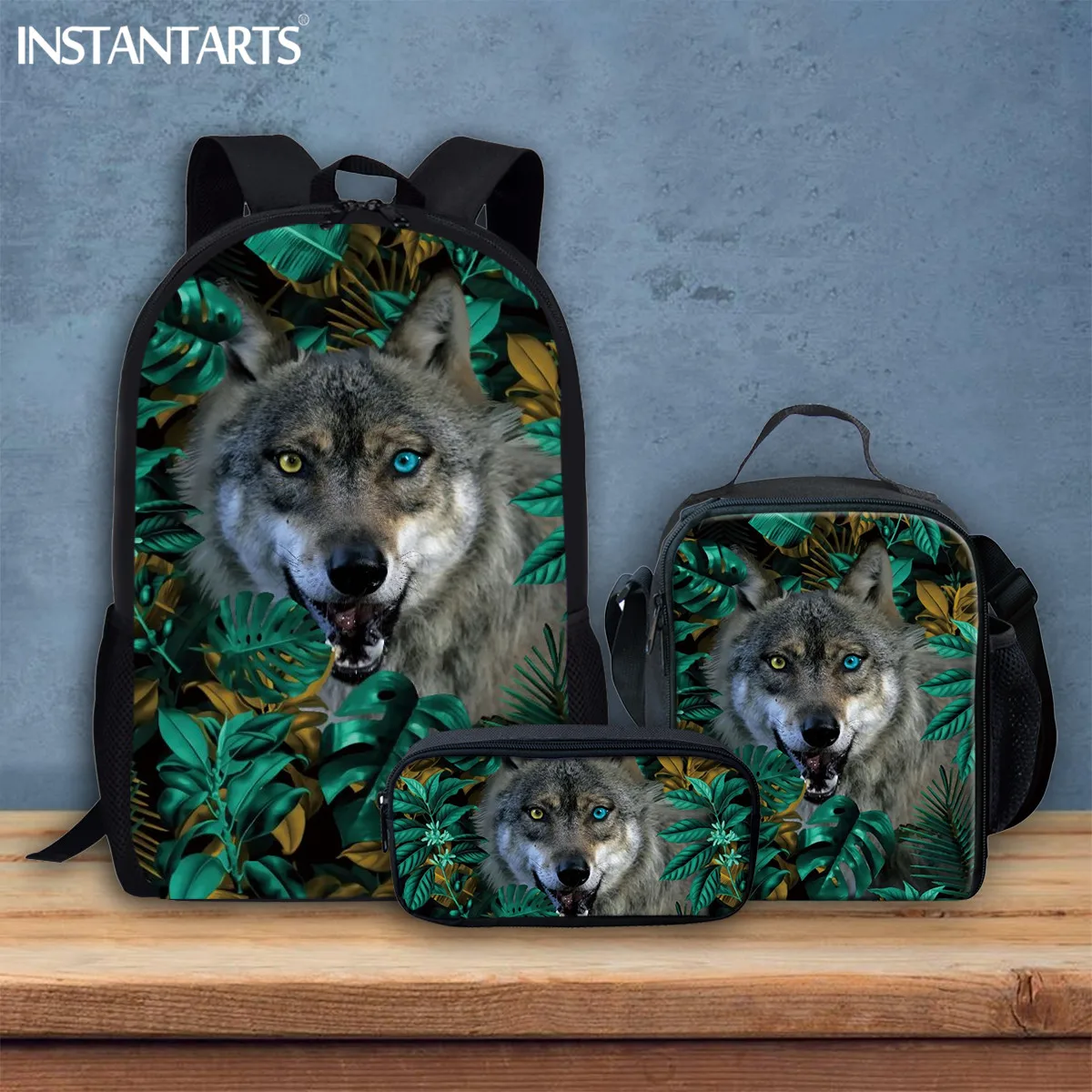 INSTANTARTS The Wolf of the Jungle Printed Laptop Backpacks High Schoolbag Boys Shoulder Student Travel Bag Business Backpack