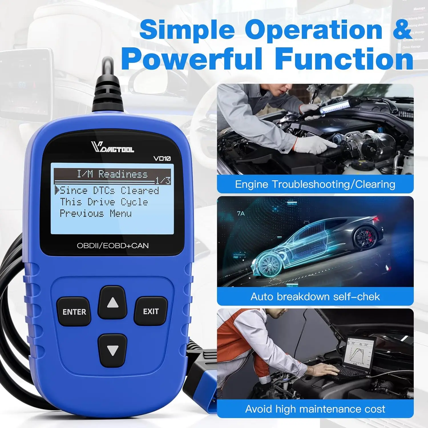 VDIAGTOOL VD10 OBD2 Scanner Car Code Reader Diagnostic Tool Read Erase Check Engine Light Live Data Freeze Frame I/M Readiness