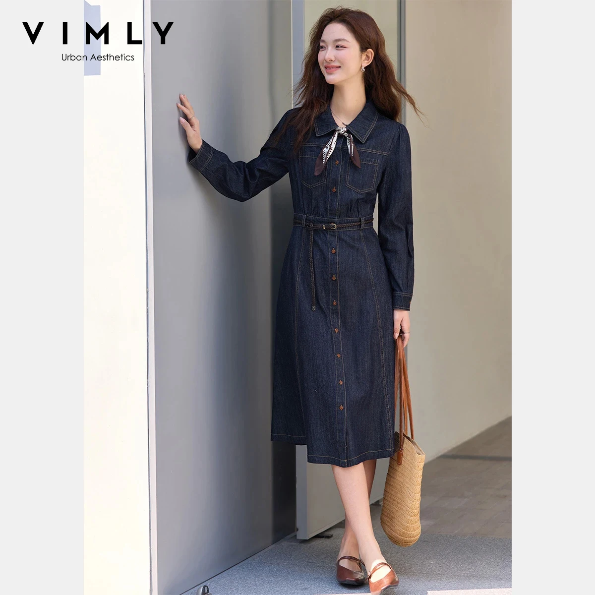 

VIMLY Women’s Denim Dress 2026 Spring New Cotton French Vintage Notch Collar Detachable Belt Straight Casual A-Line Dress A3731