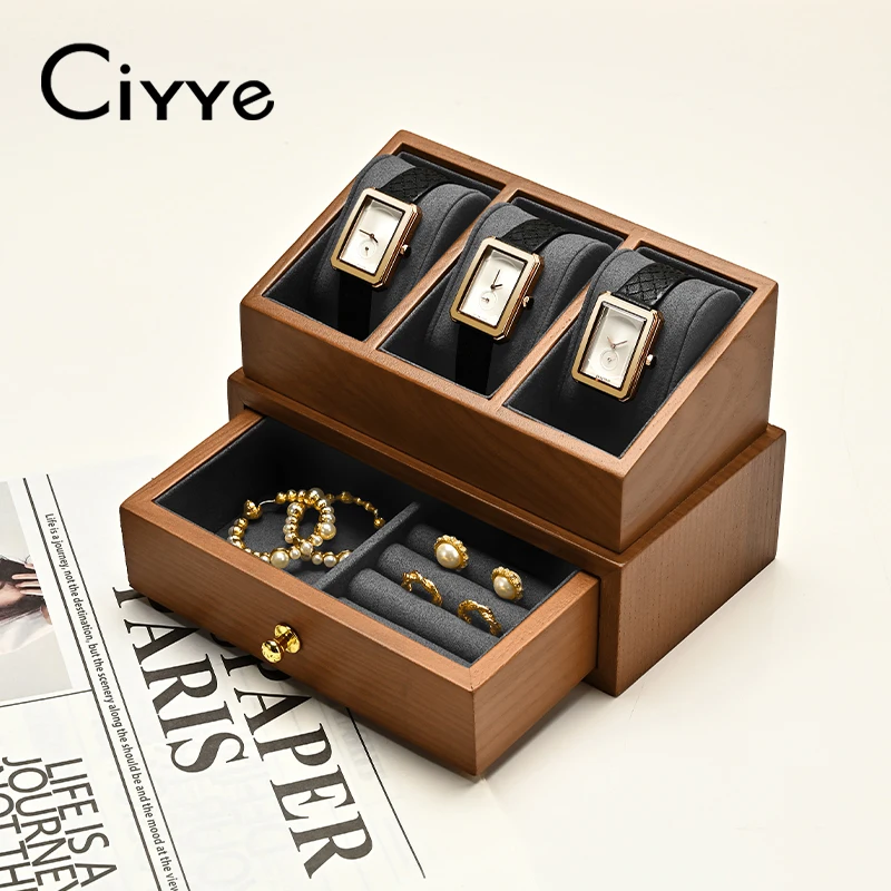 Ciyye Wooden Watch Storage Box Double-layer Jewelry Organizer 3 Grids Watch Stand Desktop Multi-functional Jewelry Storage Prop