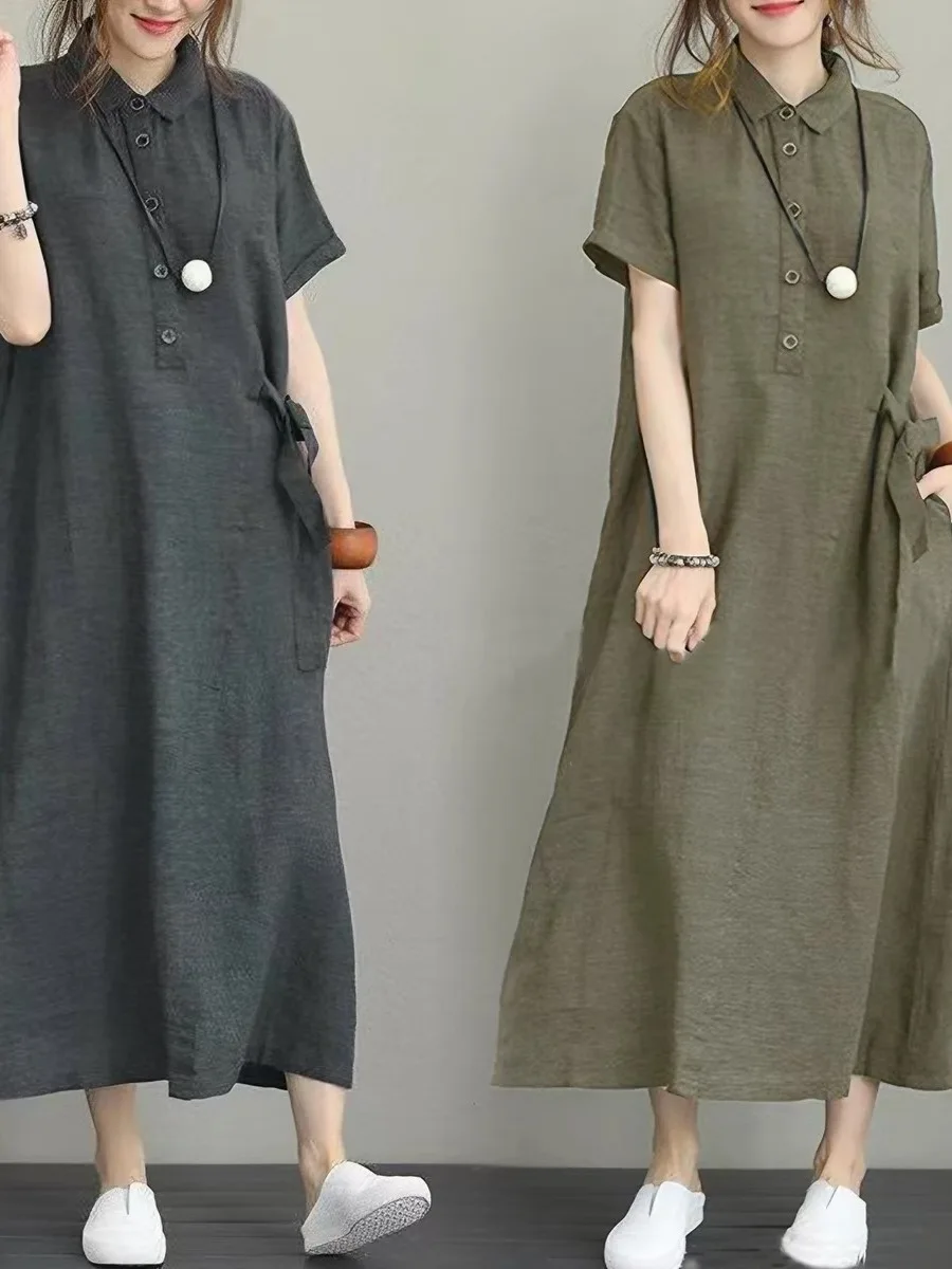 Casual Loose Cotton Linen Short Sleeve Dress Women Summer Artistic Large Size Age Reduction Slimming Midi Long Shirt Dress