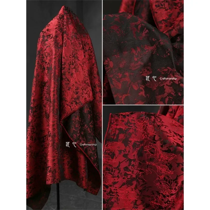 Red Linear Botanical Floral Jacquard Fabric Muscle Embroidery Jacket Suit Skirt Clothing Designer Fabrics - view 3