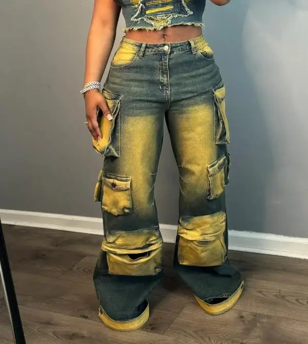 

New Trendy High Street Workwear Style Jeans for Women, Fashionable High Waisted Color Blocked Multi Pocket Straight Leg Jeans