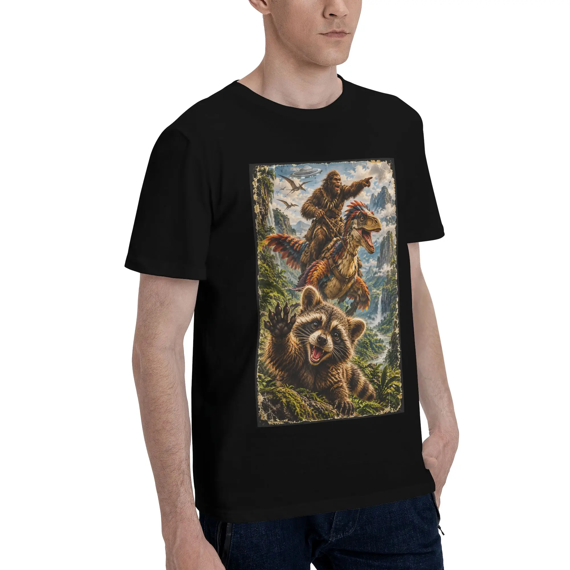 Mens Womens Funny Bigfoot Ride Dinosaur Raccoon Shirt Cotton Graphic Printed T-Shirt  Top Clothing