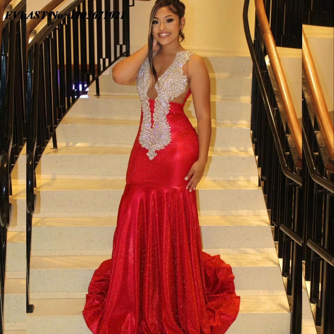 

EVLAST Sparkly Red Sequins Long Prom Dress For Black Girls Silver Crystal Beaded Formal Party Gala Gown Robes De Soirée P120