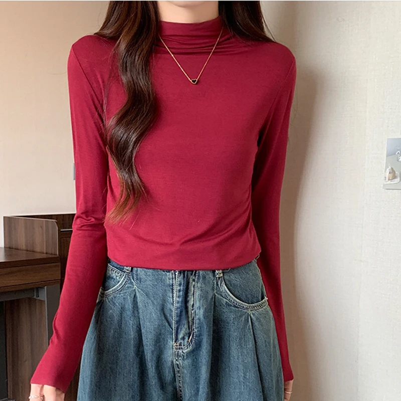 

Basic Long Sleeve T Shirt For Women Clothing Spring Autumn Korean Style Turtleneck Top Woman Slim Tshirts Casual Tee Shirt Femme