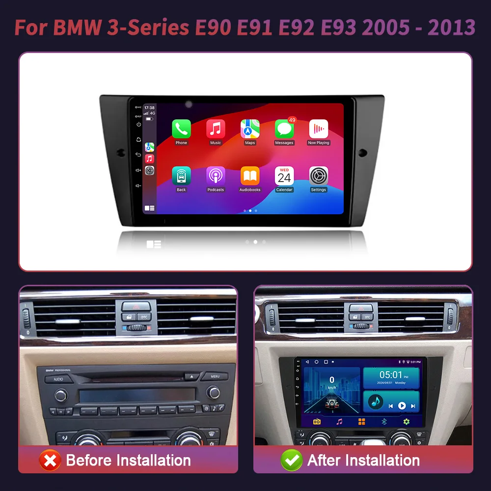 For BMW 3 Series E90 E91 E92 E93 2005-2013 Car Radio Head Unit Multimedia Navigation Android 14  Carplay 2 Din Stereo Screen