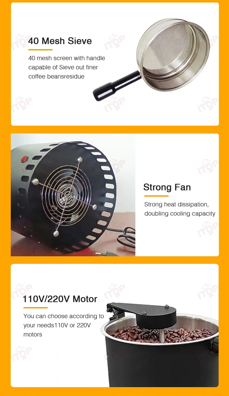 مبرد حبوب البن ITOP CBC2 الدوار بسعة 600 جرام، مروحة تبريد سريعة لمدة دقائقين، غربال بطبقة مزدوجة يفصل القشرة