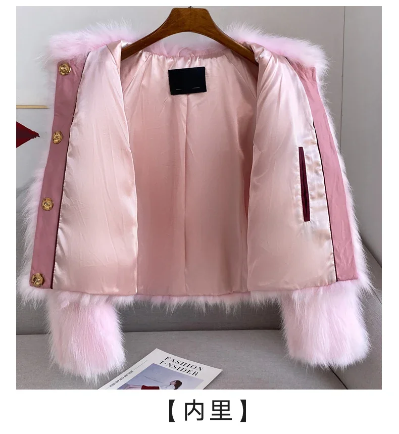 سترة جديدة من شعر الراكون ميلارد للنساء، نمط قصير، رقبة مربعة