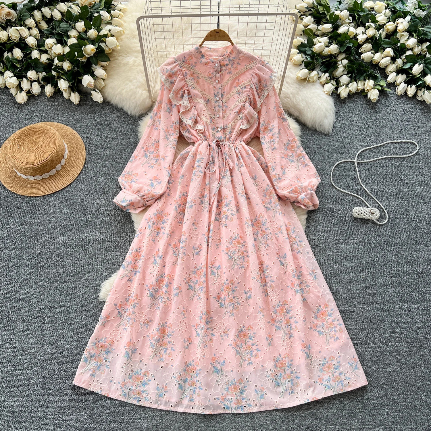 

Sexy vintage lantern sleeve Hook flower hollow Edible Tree Fungus Chic Elegant Long dress Fashion Slim Goth women clothing