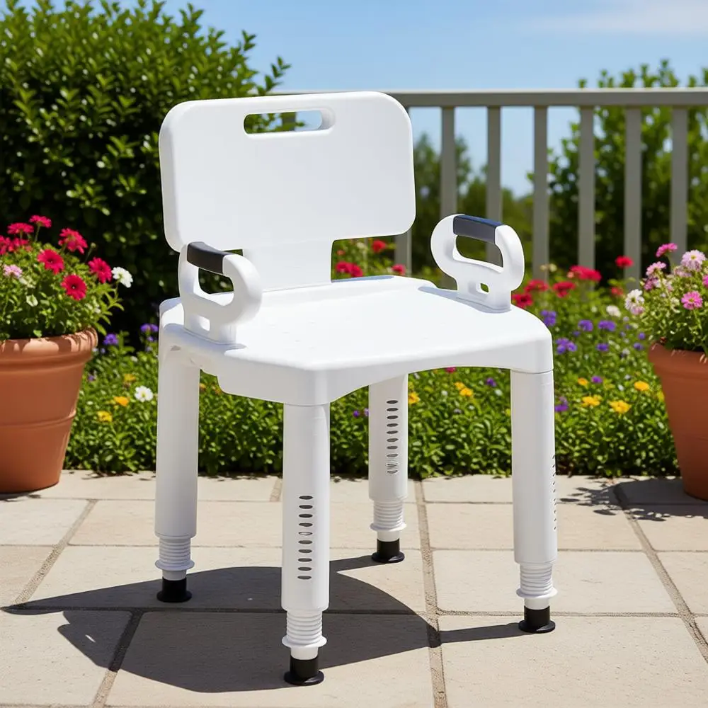 

Регулируемая по высоте скамья для ванной комнаты со спинкой и подлокотниками - ножки на присосках или с устойчивыми опорами - прочный пластик, нагрузка до 350 фунтов, белый цвет