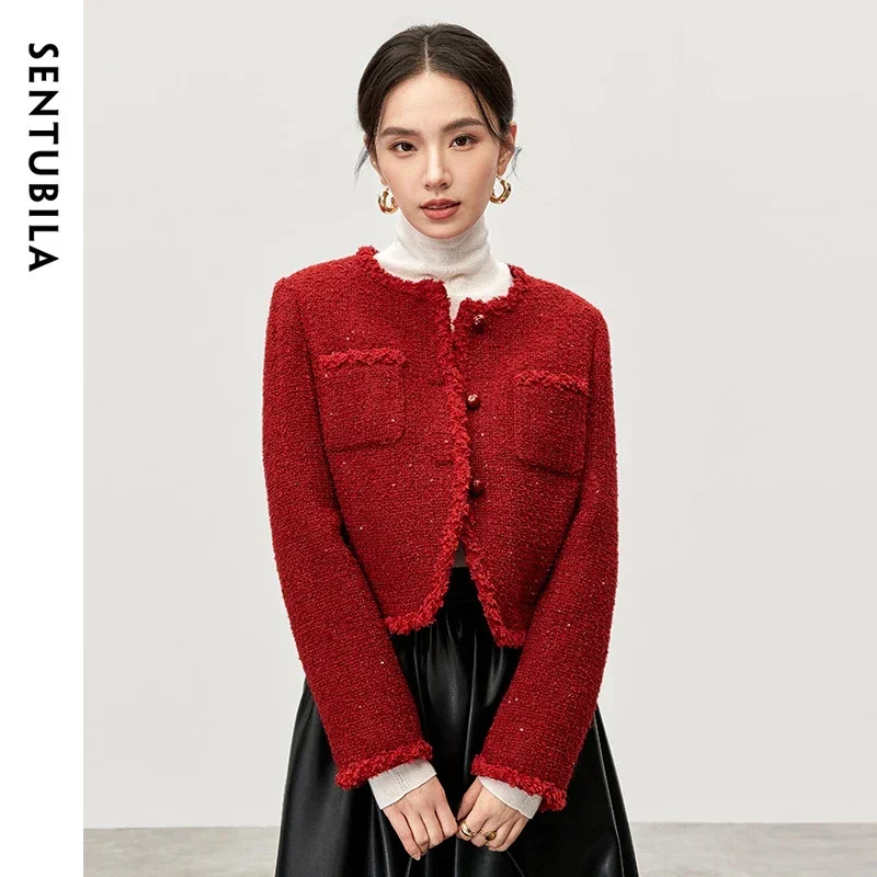 

SENTUBILA Wool Texture Tweed Jackets Women 2025 Winter Straight Sequins O Neck Long Sleeve Elegant Warm Thick Coats 144W57400