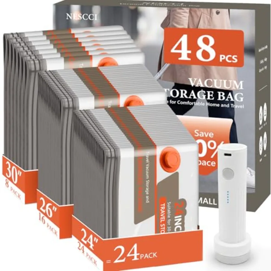 

Вакуумные пакеты для одежды с беспроводным перезаряжаемым насосом, 48 шт., компрессионные пакеты для багажа и чемоданов