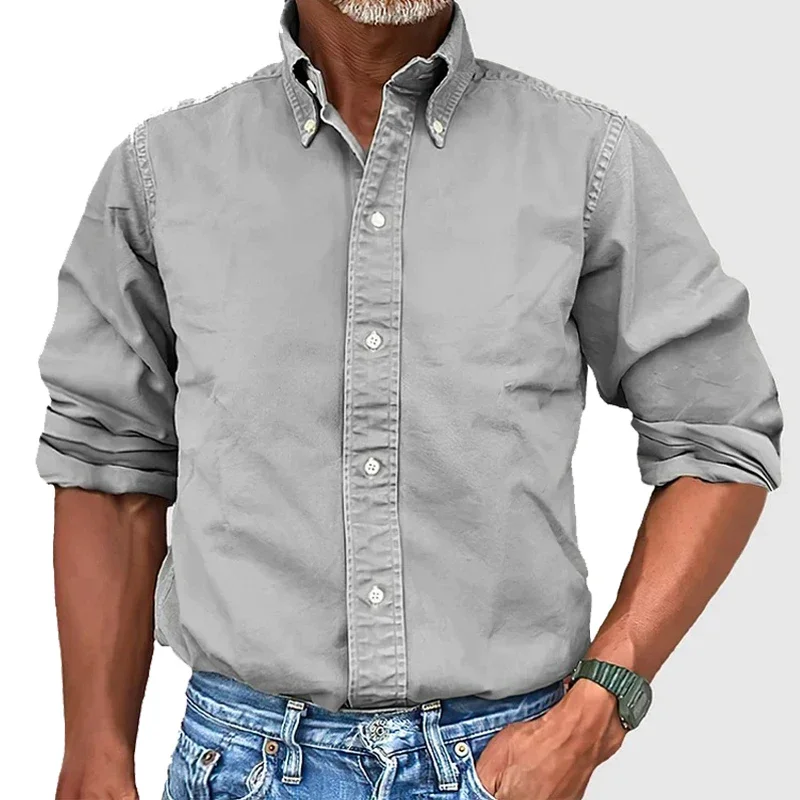 Pop Men's Soild Oxford Long Sleeve Tee Shirt Youth Leisure Slim Fit Korean Fashion Blouse Luxury Elegant Shirts For Men Clothing