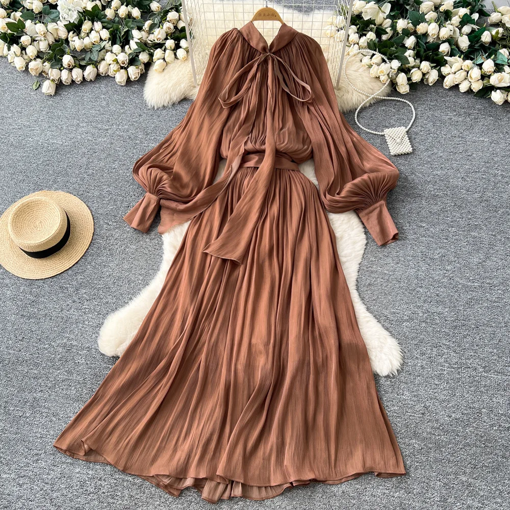 

Lace Up Women Solid Dresses Drape A Line Dress Waist Cinch Ankle Lenth Lantern Sleeve O Collar Loose Casual Elegant 2025 Autumn