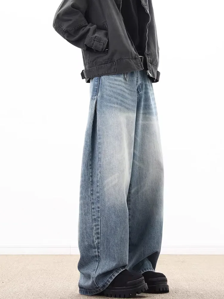 

American Retro Wide Leg Men's Jeans Loose Straight Lazy Sle Cleanfit Pants Floor-Length Trousers Youth Trend Cotton Polyest...