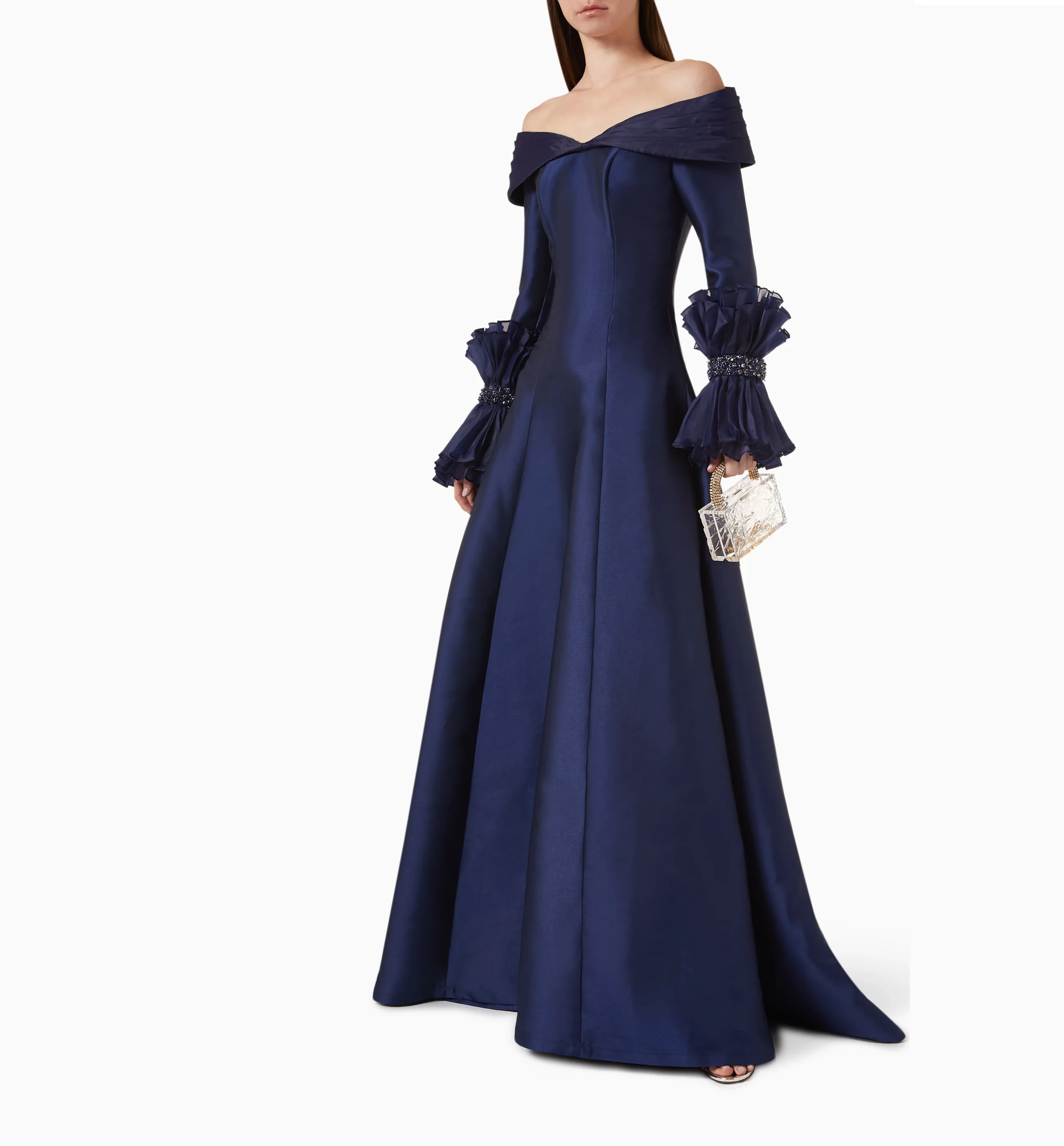 ROSELLA Navy Blue Off Shoulder Prom Dress with Beading Sleeves Evening Gowns A Line Robes De Bal Vestidos Arab New 2024