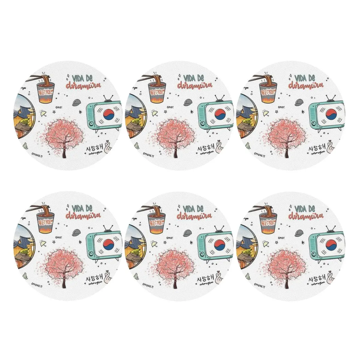 Posavasos de PVC con Diseño de Flor de Cerezo, Inspirados en el Drama Coreano K-drama, para Café y Comida, Juego de 6