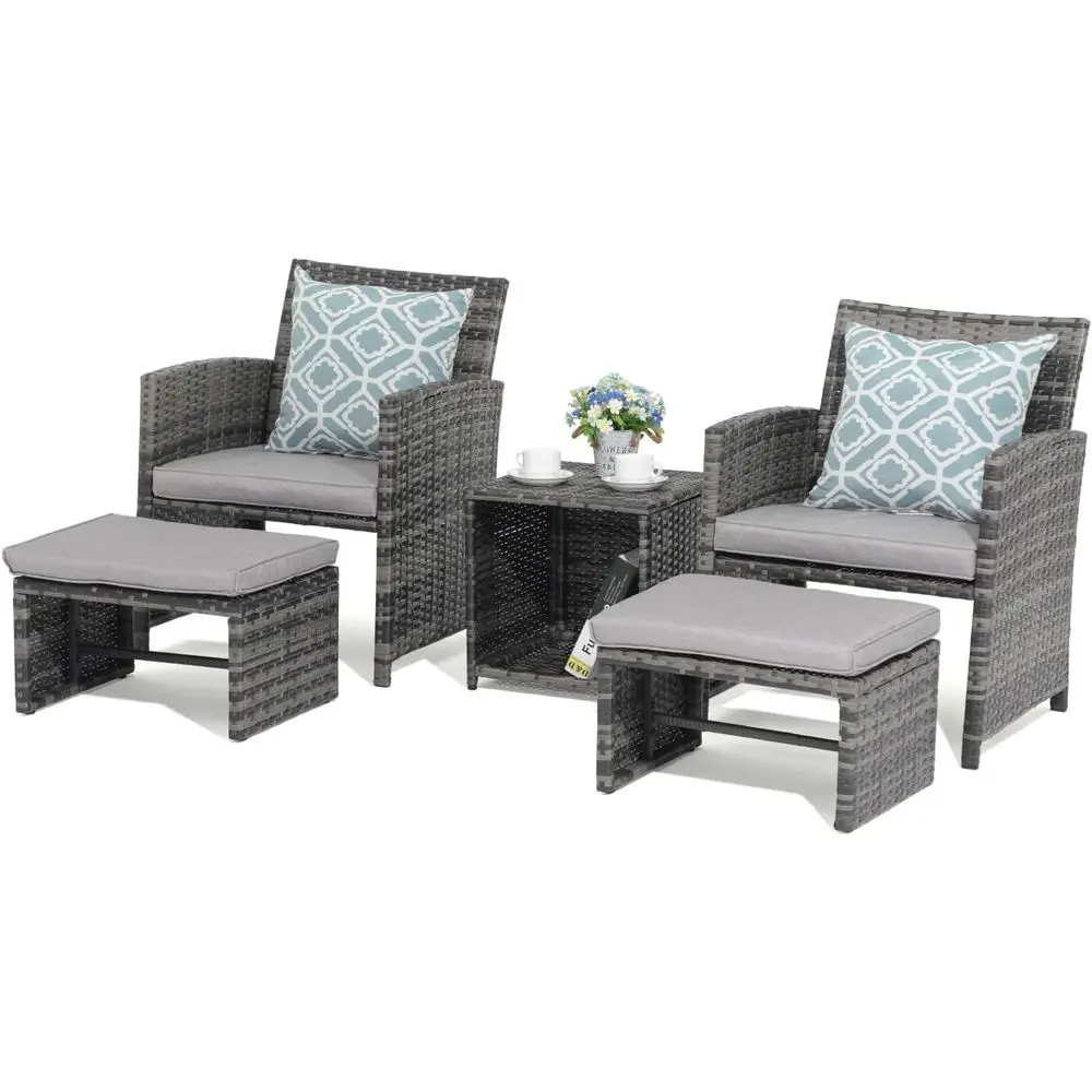 5 Piece Patio Furniture Set, Wicker Outdoor Conversation Chair and Ottoman Set with Coffee Table, Pillows Included, Suitable for