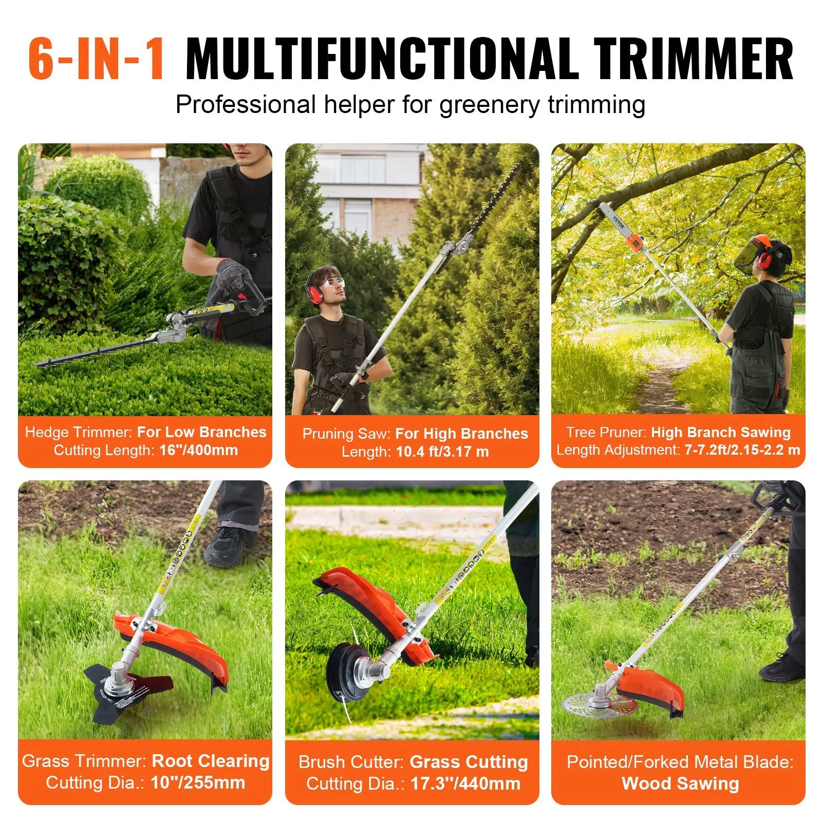 6 in 1 Multifunctional High Branch Scissors 52CC  Hedge Trimmer Weed Eater String Trimmer Brush Cutter Edger Wire Saw Trimmer