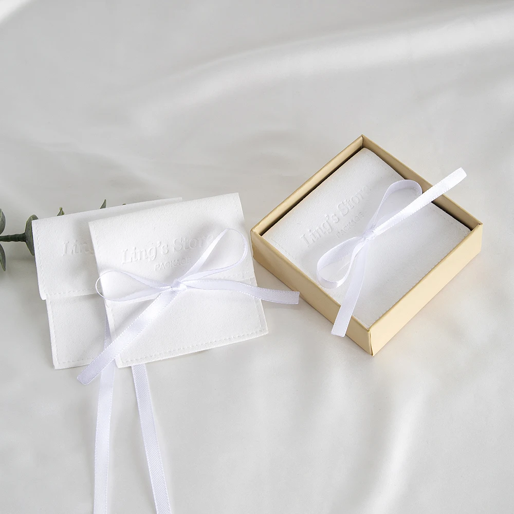 100Pcs White Personalized Logo Jewelry Microfiber Half Cover Ribbon Bag Wedding Favors Gift Packaging Flannel Suede Velvet Pouch