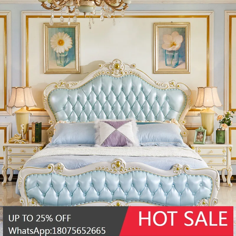 

HLZ New European Style Double Master Bedroom Bed 1.8m Simple European Style Sky Solid Wood Carved Bed