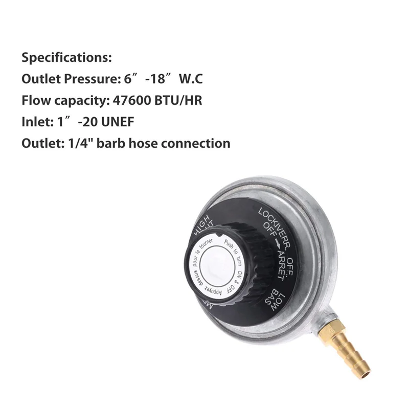 1 Pound Propane Tank Low Pressure Adjustable Gas Regulator with 1/4Inch Barb Hose Connection