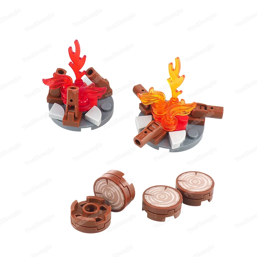 Miniatur Feuer Brennen Baustein Montage MOC Figuren Ausrüstung Camping Holz Stakes Stuhl Szene Passenden Modell Geschenk Junge Spielzeug