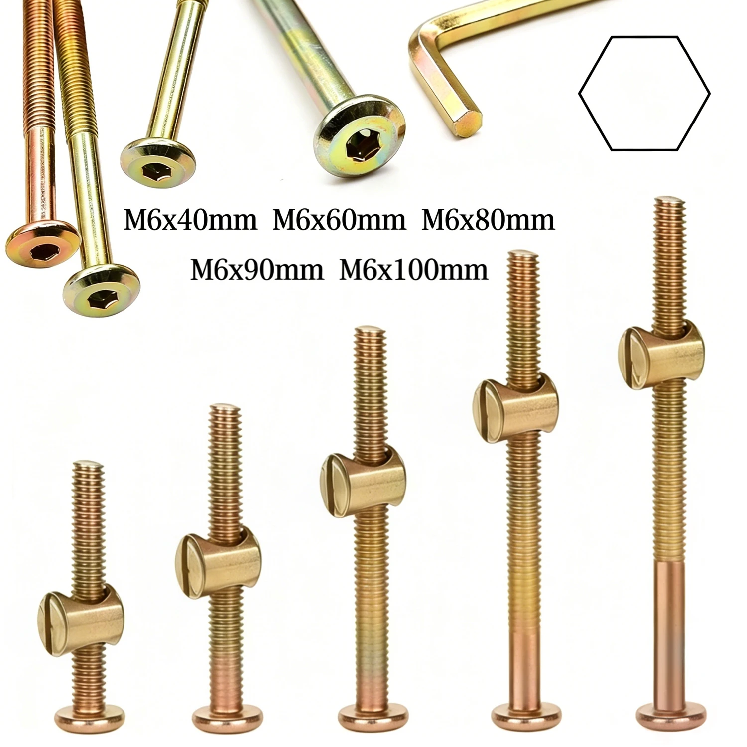 

10pcs M6x40/60/80/90/100mm Furniture Bolt Nut Set Hex Socket Screw with Barrel Nuts Zinc Plated For Bed Chair