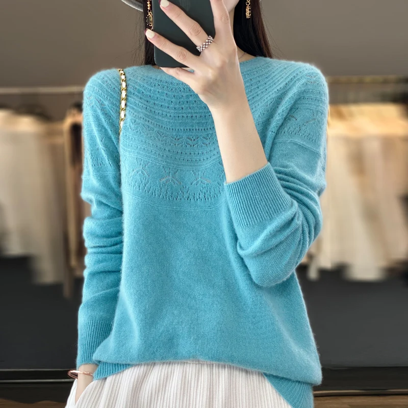 Spring Autumn New Ladies Soft Breathable Sweater Wool Blend Curled Round Neck Hollow Out Pullover Knitted Sweater Slim-Fit Tops