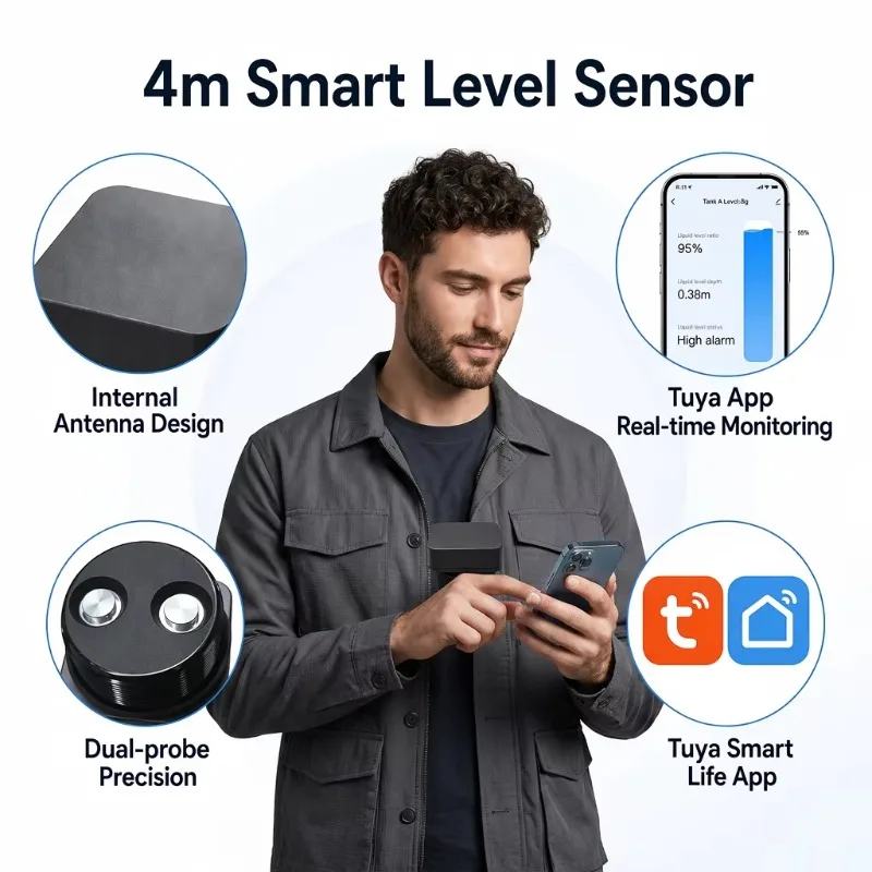 5GHz WiFi Ultrasonic Liquid Level Sensor IP67 Non‑Contact Tank Level Detector 10cm‑4m APP Remote Monitor For Water Fuel Tank