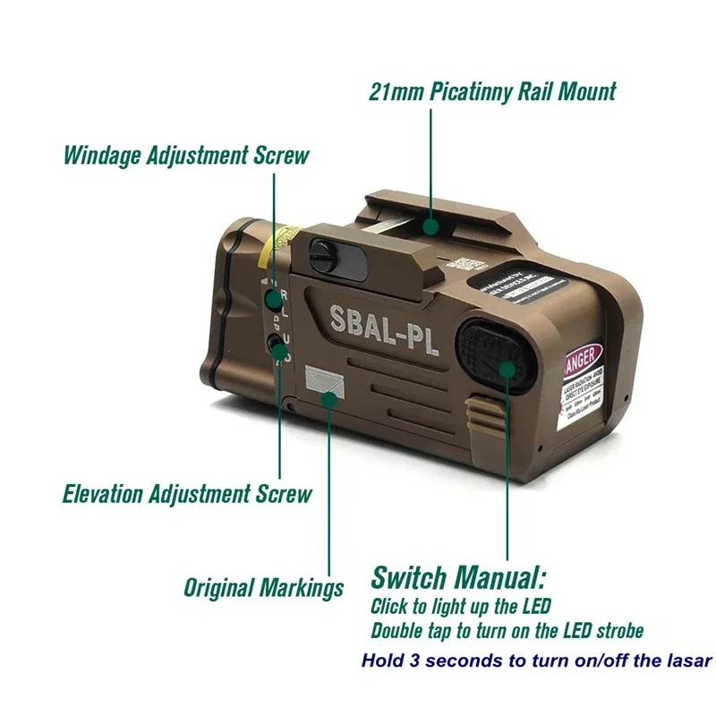 Tactical Metal SBAL-PL Red/Green Laser LED WeaponLight Gun Light Combo Airsoft Strobe Flashlight Hunting SBAL Pistol Scout Light view 4