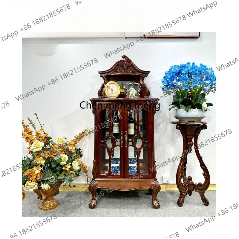

High-end solid wood European retro wine cabinet, living room carved glass door storage, floor display cabinet