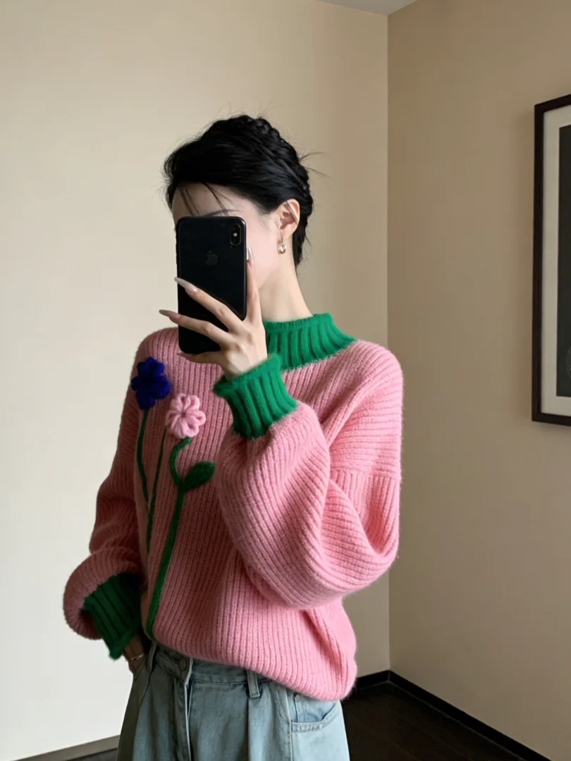 

Ранняя осень 2025: Модный корейский свитер с высоким воротником и длинными рукавами, свободного кроя, уникальный дизайн, маленький размер, для женщин