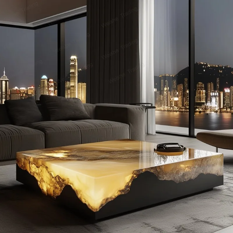 Luminous jade coffee table leather light luxury modern minimalist style villa living room luxury stone natural marble