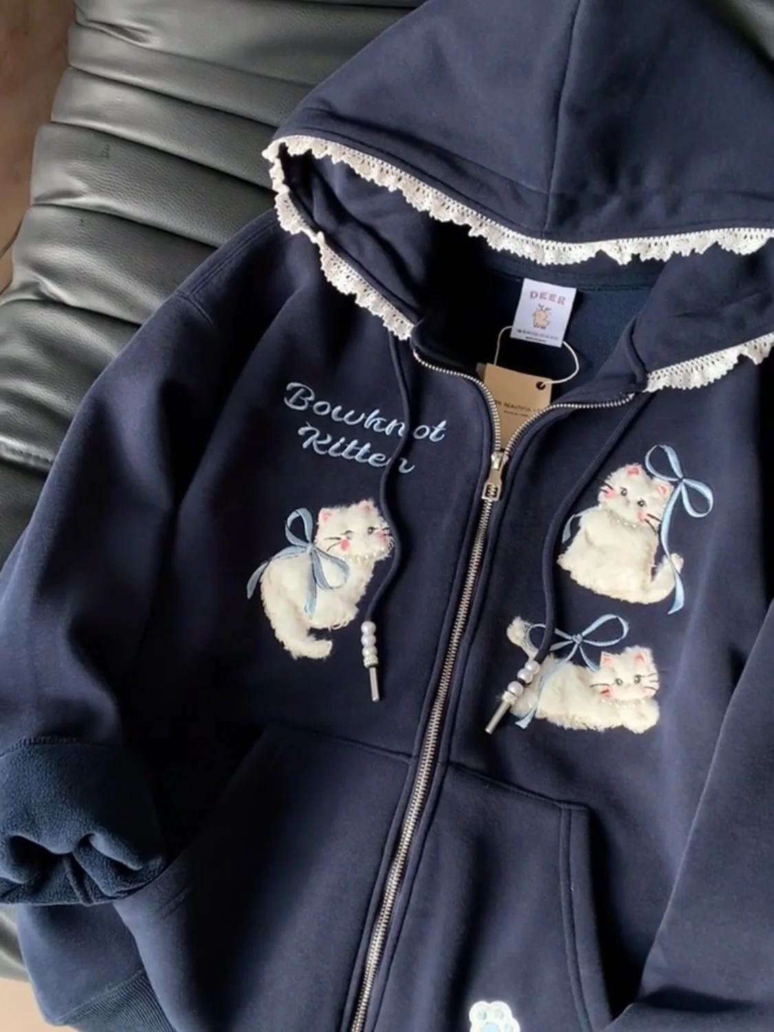 Loose Fit Women's Hoodie Embroidered Fleece  Pattern Autumn Winter White Enhancing Open Cardigan Couple Outerwear